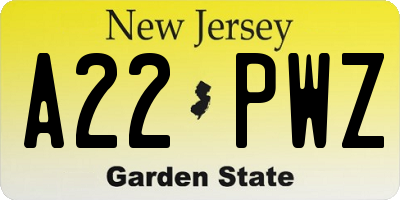 NJ license plate A22PWZ