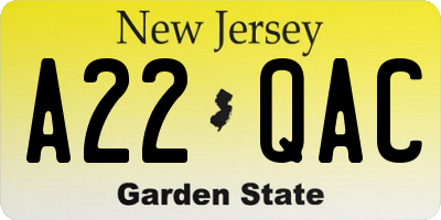 NJ license plate A22QAC