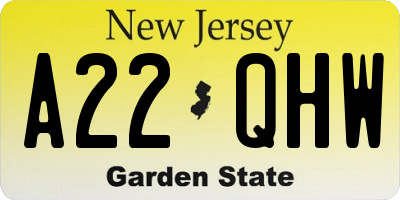 NJ license plate A22QHW