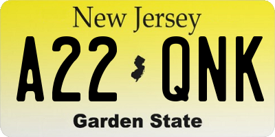 NJ license plate A22QNK