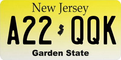NJ license plate A22QQK