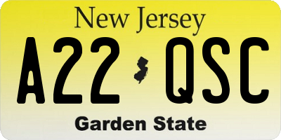NJ license plate A22QSC