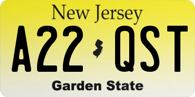 NJ license plate A22QST