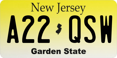 NJ license plate A22QSW