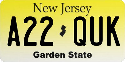 NJ license plate A22QUK