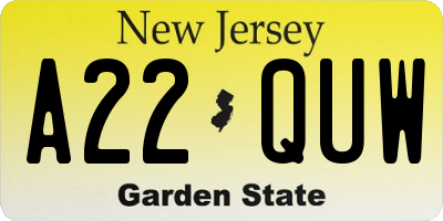 NJ license plate A22QUW