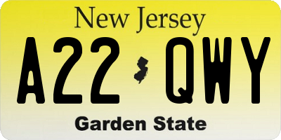 NJ license plate A22QWY