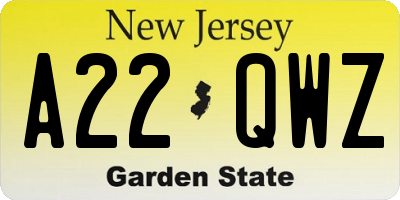 NJ license plate A22QWZ