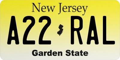 NJ license plate A22RAL