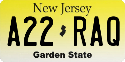 NJ license plate A22RAQ