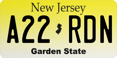 NJ license plate A22RDN