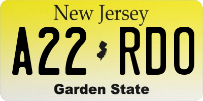 NJ license plate A22RDO