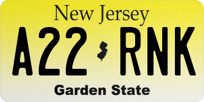 NJ license plate A22RNK