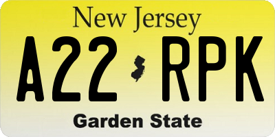 NJ license plate A22RPK