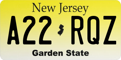 NJ license plate A22RQZ