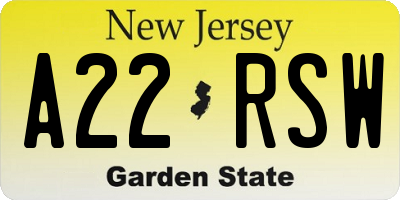 NJ license plate A22RSW