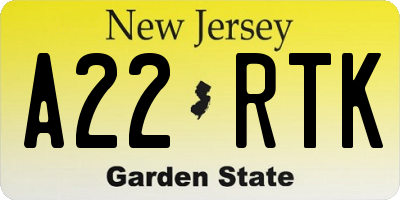 NJ license plate A22RTK