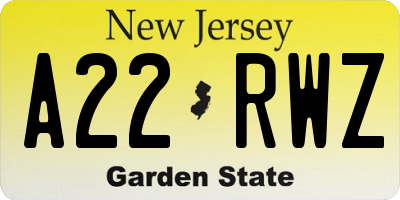 NJ license plate A22RWZ