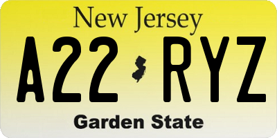 NJ license plate A22RYZ
