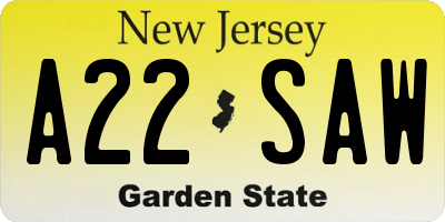 NJ license plate A22SAW