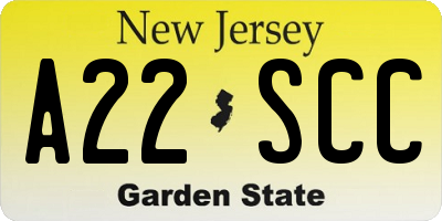 NJ license plate A22SCC