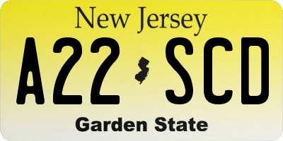 NJ license plate A22SCD
