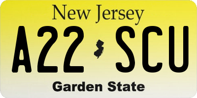 NJ license plate A22SCU