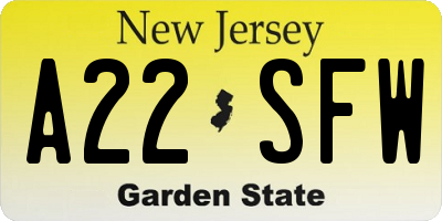 NJ license plate A22SFW