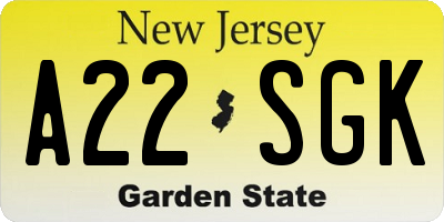 NJ license plate A22SGK