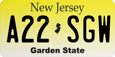 NJ license plate A22SGW