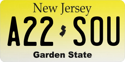 NJ license plate A22SOU