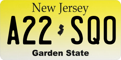 NJ license plate A22SQO