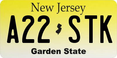 NJ license plate A22STK