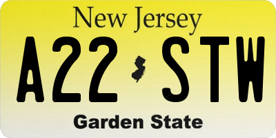 NJ license plate A22STW