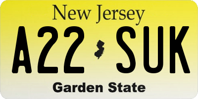NJ license plate A22SUK