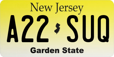 NJ license plate A22SUQ