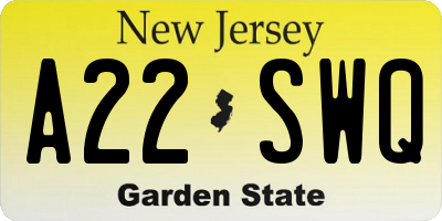 NJ license plate A22SWQ