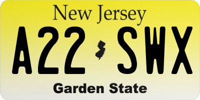 NJ license plate A22SWX