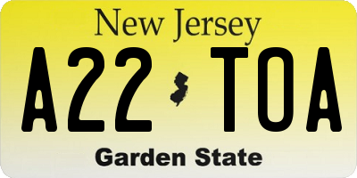 NJ license plate A22TOA