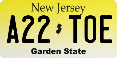 NJ license plate A22TOE