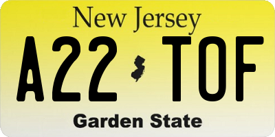 NJ license plate A22TOF