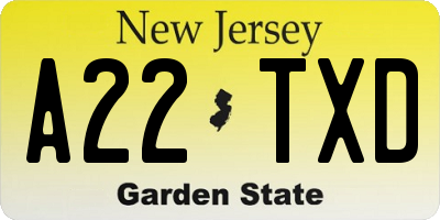 NJ license plate A22TXD
