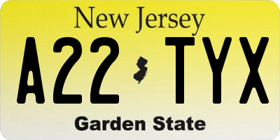 NJ license plate A22TYX