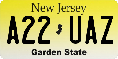 NJ license plate A22UAZ