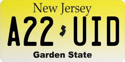 NJ license plate A22UID