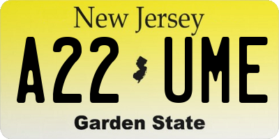 NJ license plate A22UME