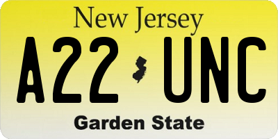 NJ license plate A22UNC