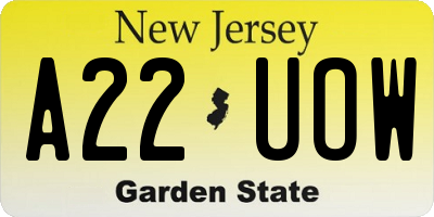 NJ license plate A22UOW