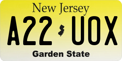 NJ license plate A22UOX