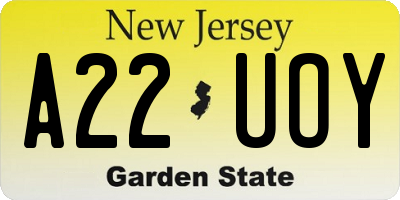 NJ license plate A22UOY